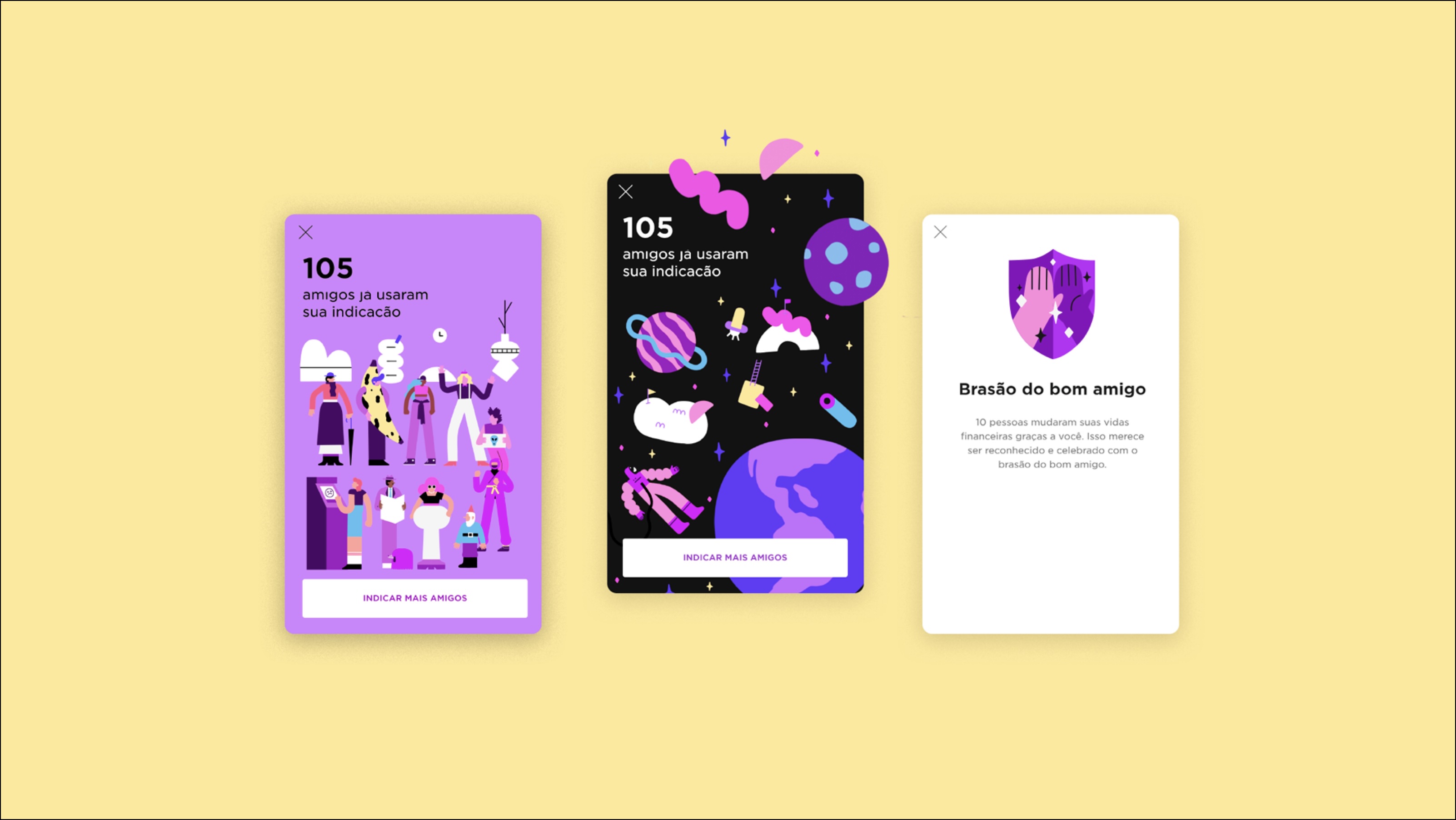 In-app referral screens: 105 amigos já usaram sua indicação