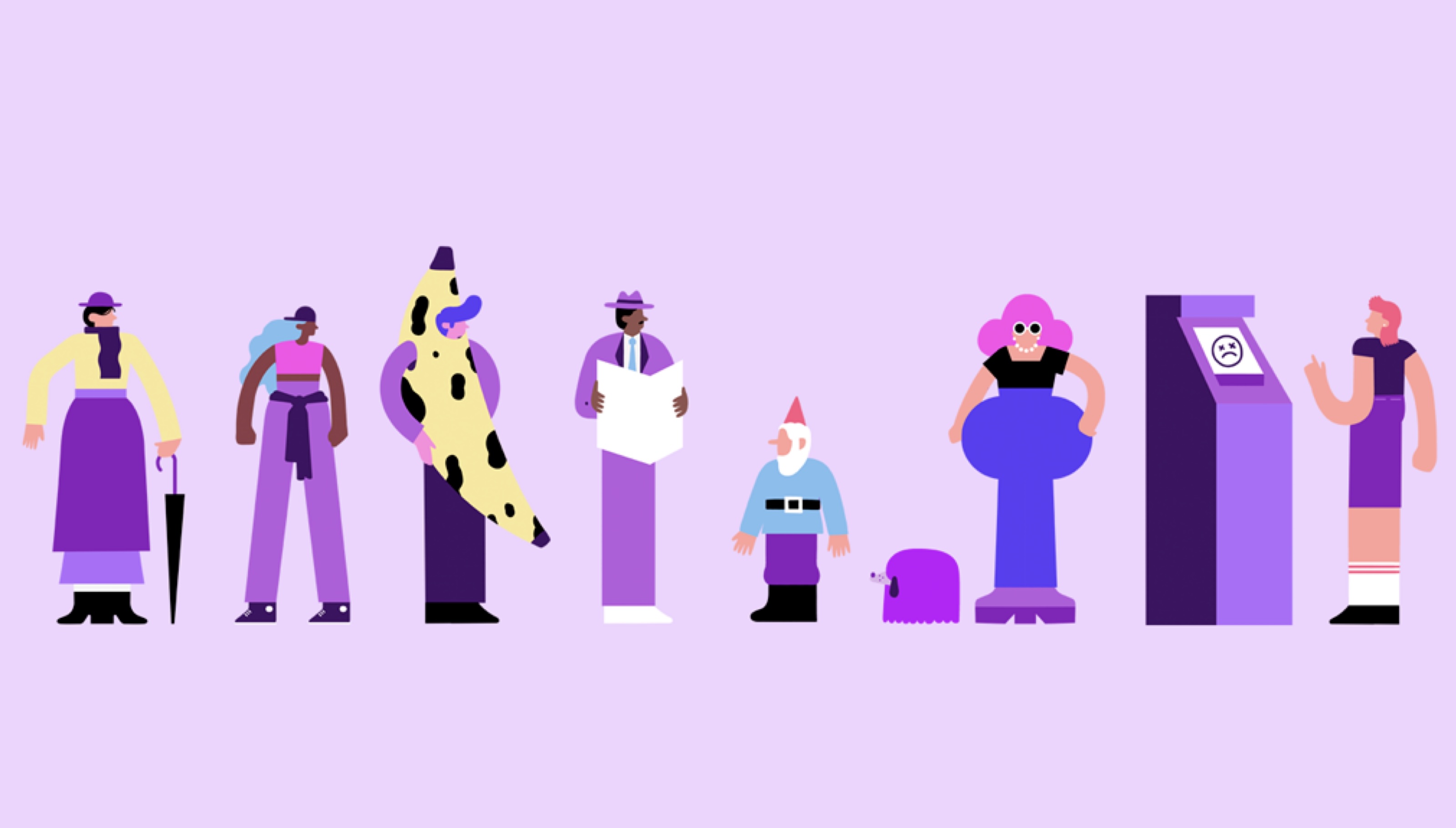 Nubank referral illustration: people waiting in a bank line